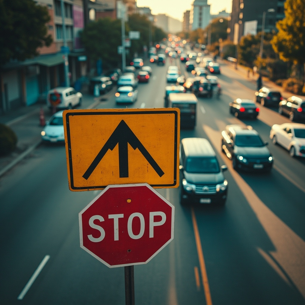 A busy street intersection featuring a red stop sign and yellow warning diamond, with vehicles on a South African road