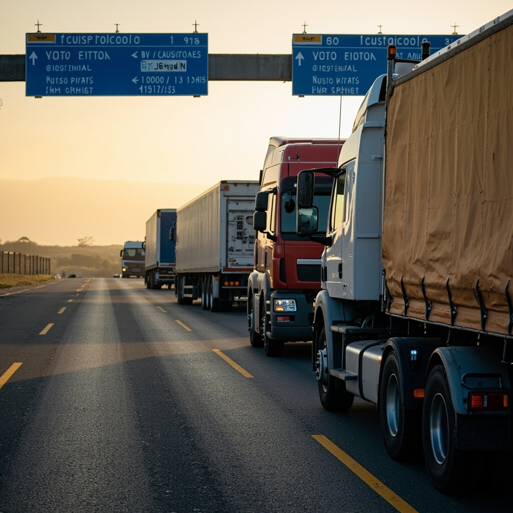 A logistics yard of commercial vehicles under blue information signs